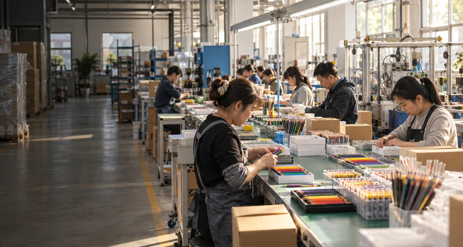 Art-material production and assembly team working in a factory hall