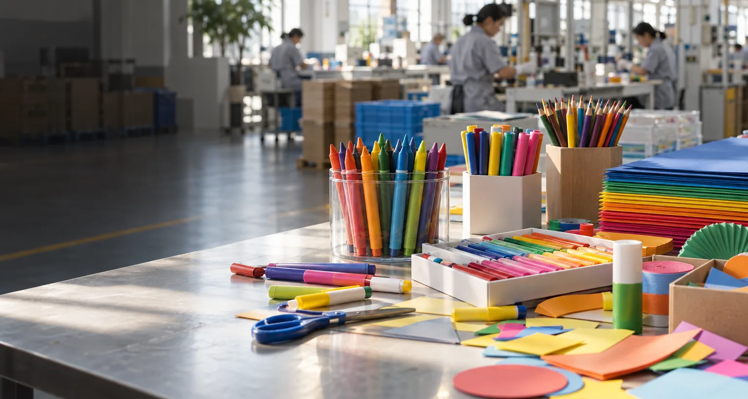 Colourful unbranded art materials in a manufacturing studio