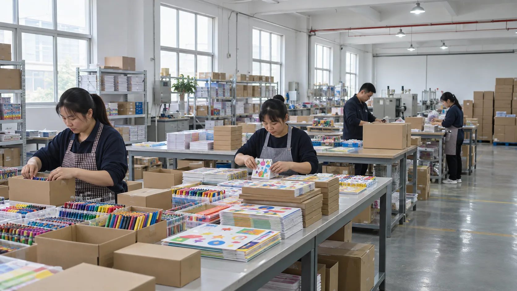 Art materials being assembled and packed for shipment