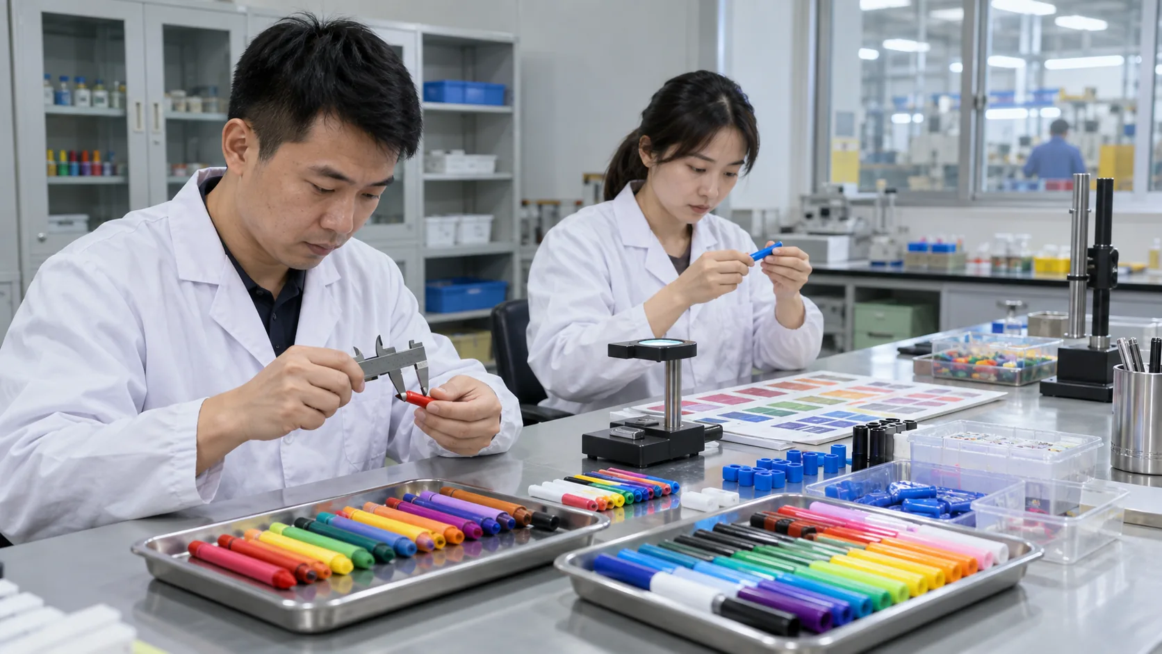 Technicians inspecting art materials in a quality laboratory